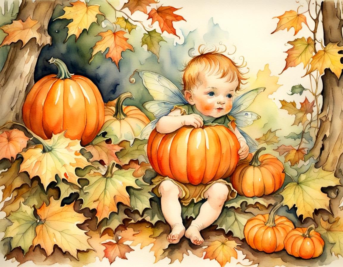 Fairy Baby Boy in Autumn Forest Watercolor