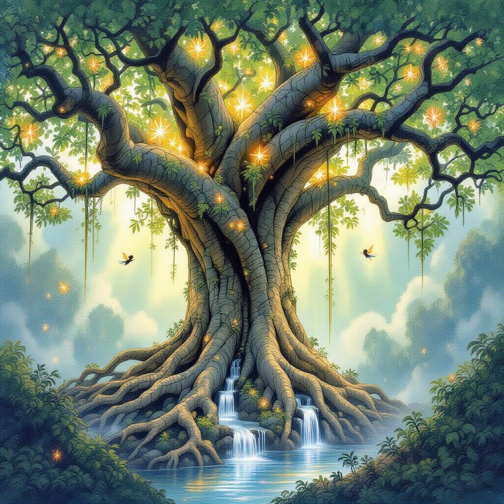 Enchanted Banyan Tree Cathedral with Winged Sprites