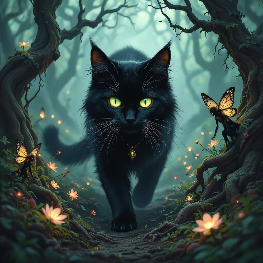Enchanted Forest Cat in Dark Fantasy Realism