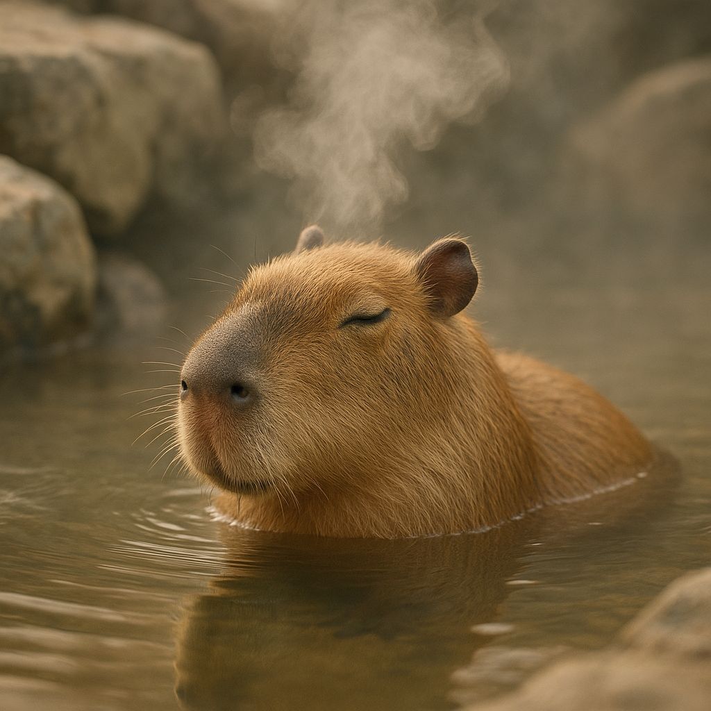 Capybara Enjoys Hot Spring in Slow Motion