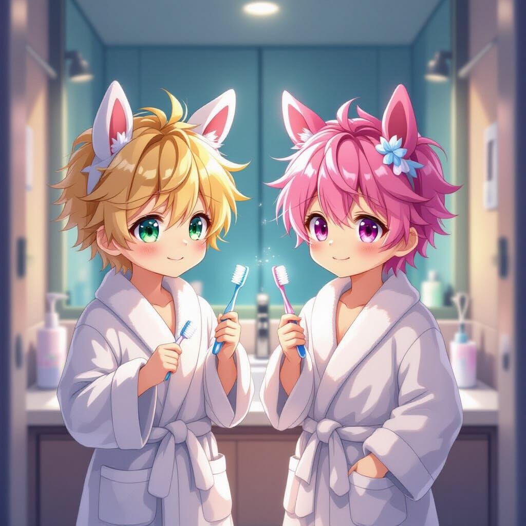 Cute Anime Boys with Horse Ears Ready for Bed