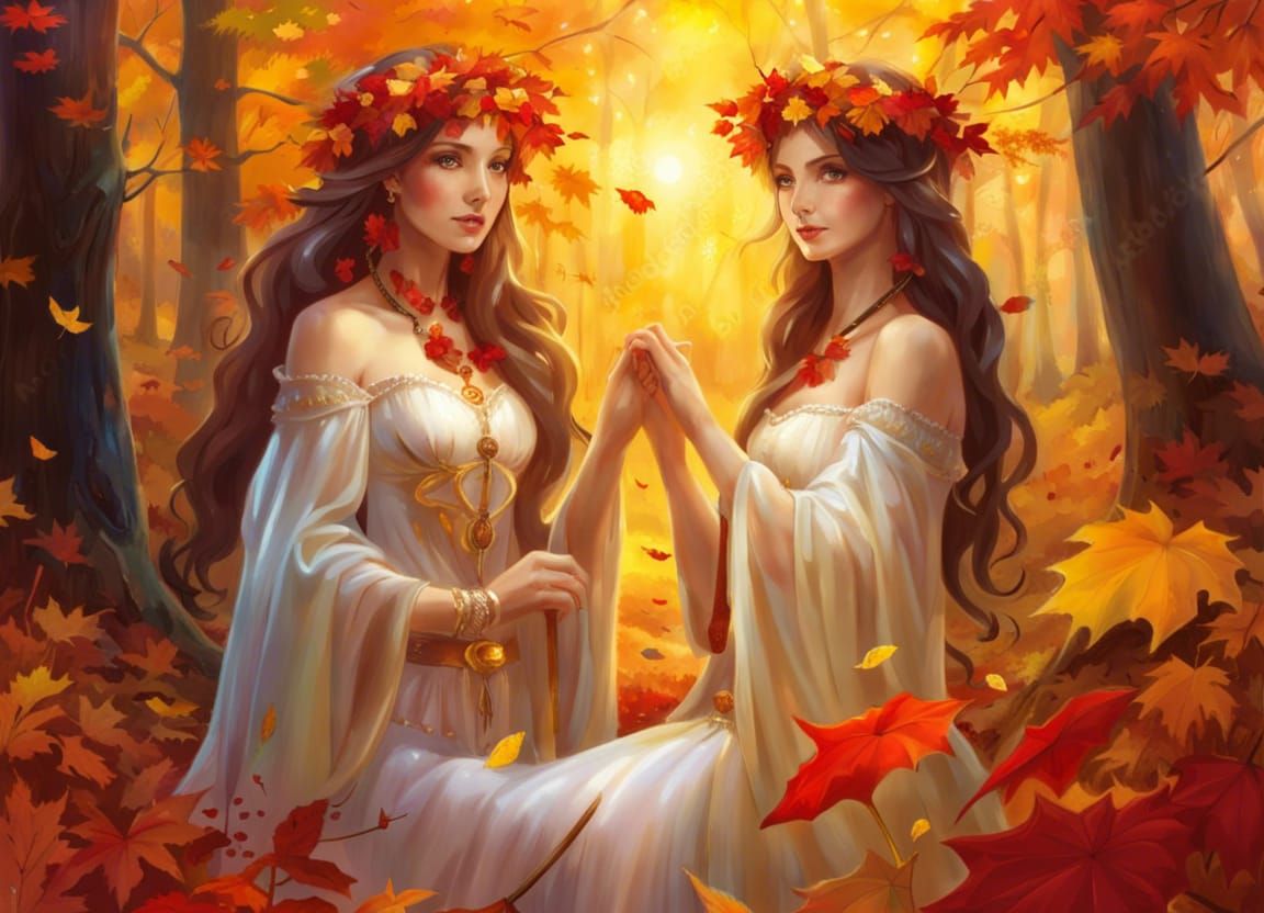 Lesbian Enchantresses in Autumn Forest, Luis Royo Style
