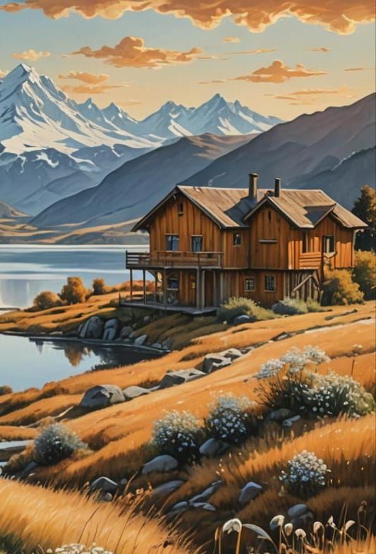 Surreal Autumn Meadow in Dali Style with Snowy Peaks