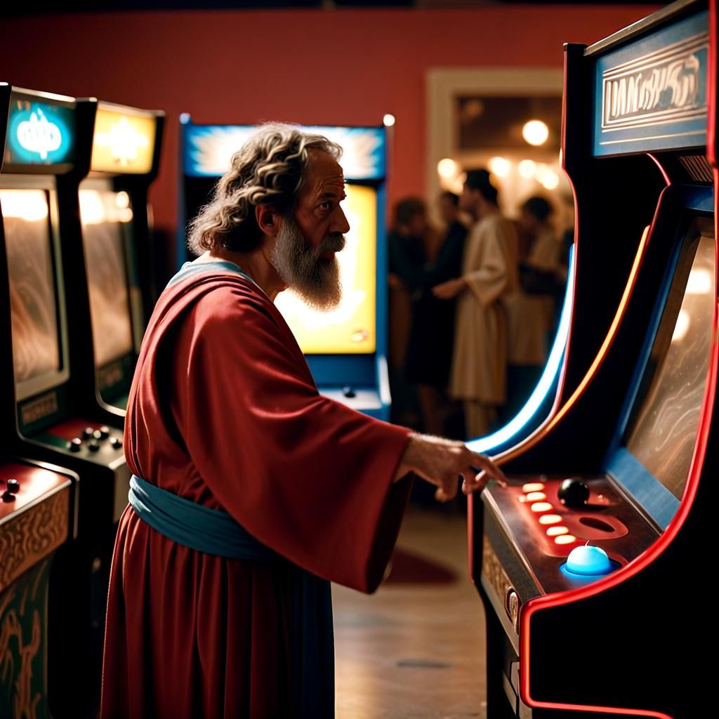 Plato Plays Arcade Game: Dramatic Cinematic Still