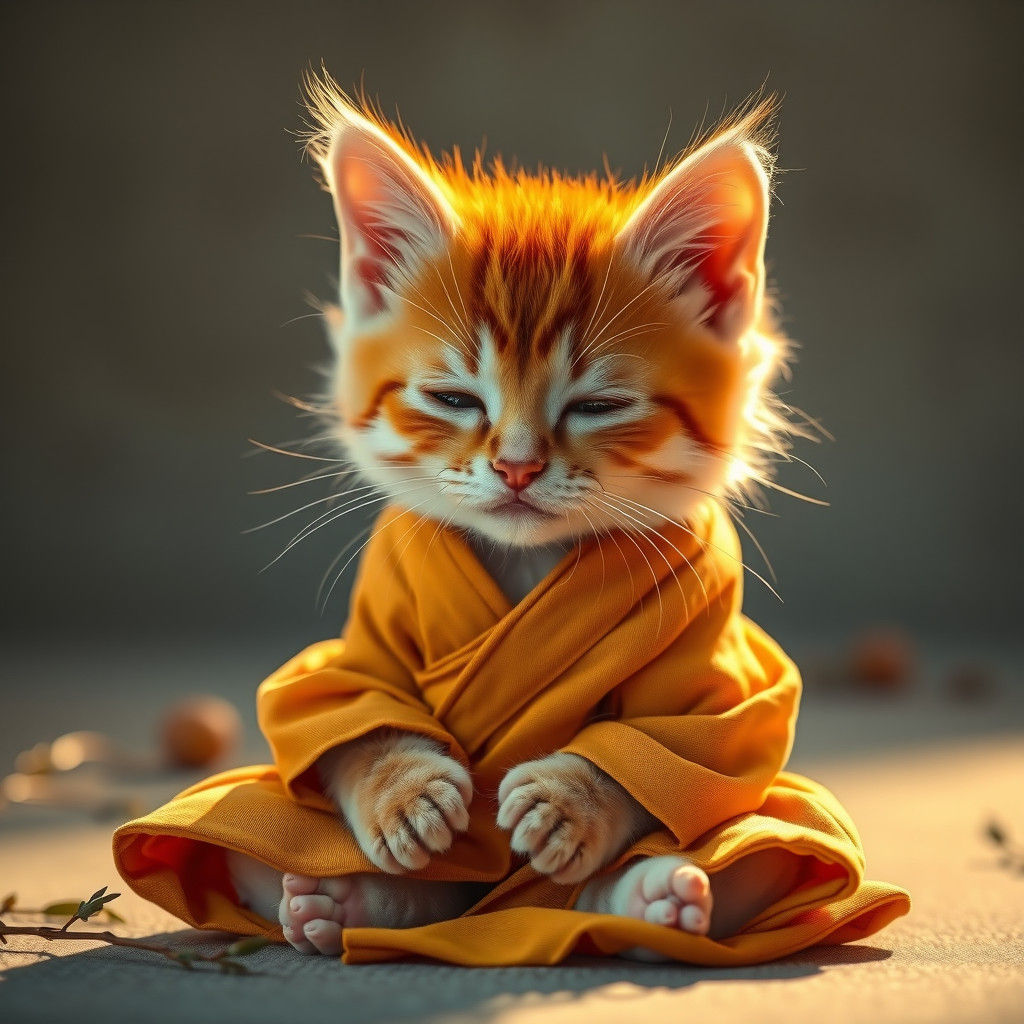 Meditating Kitten in Saffron Robe: Hyperrealistic Digital Ar...