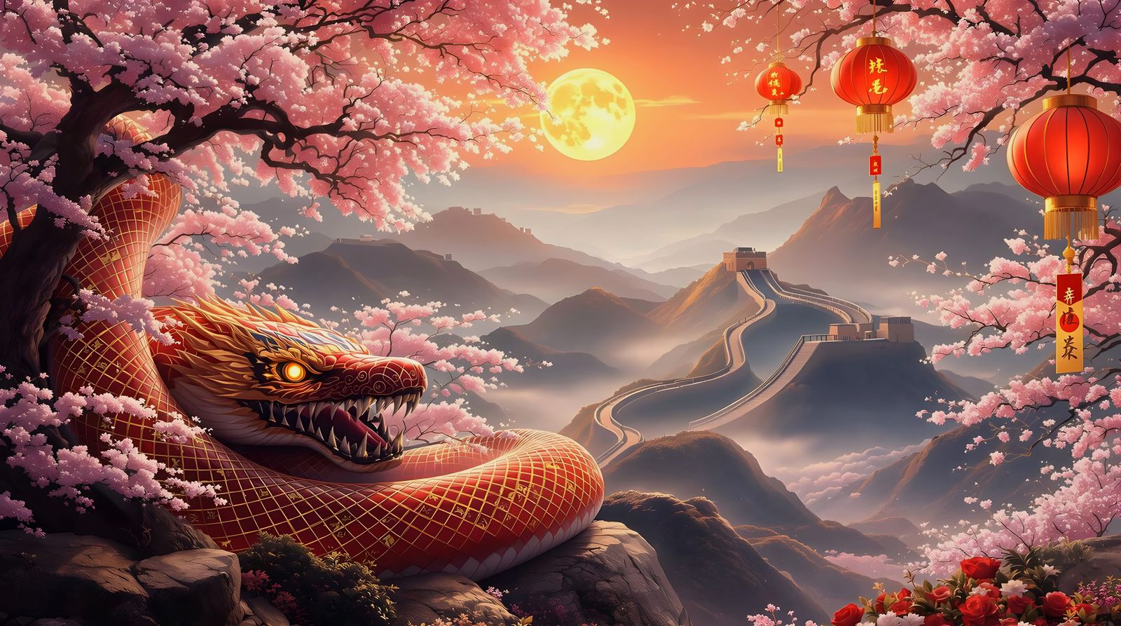 Majestic Wood Snake Amidst Cherry Blossoms in Traditional Ch...