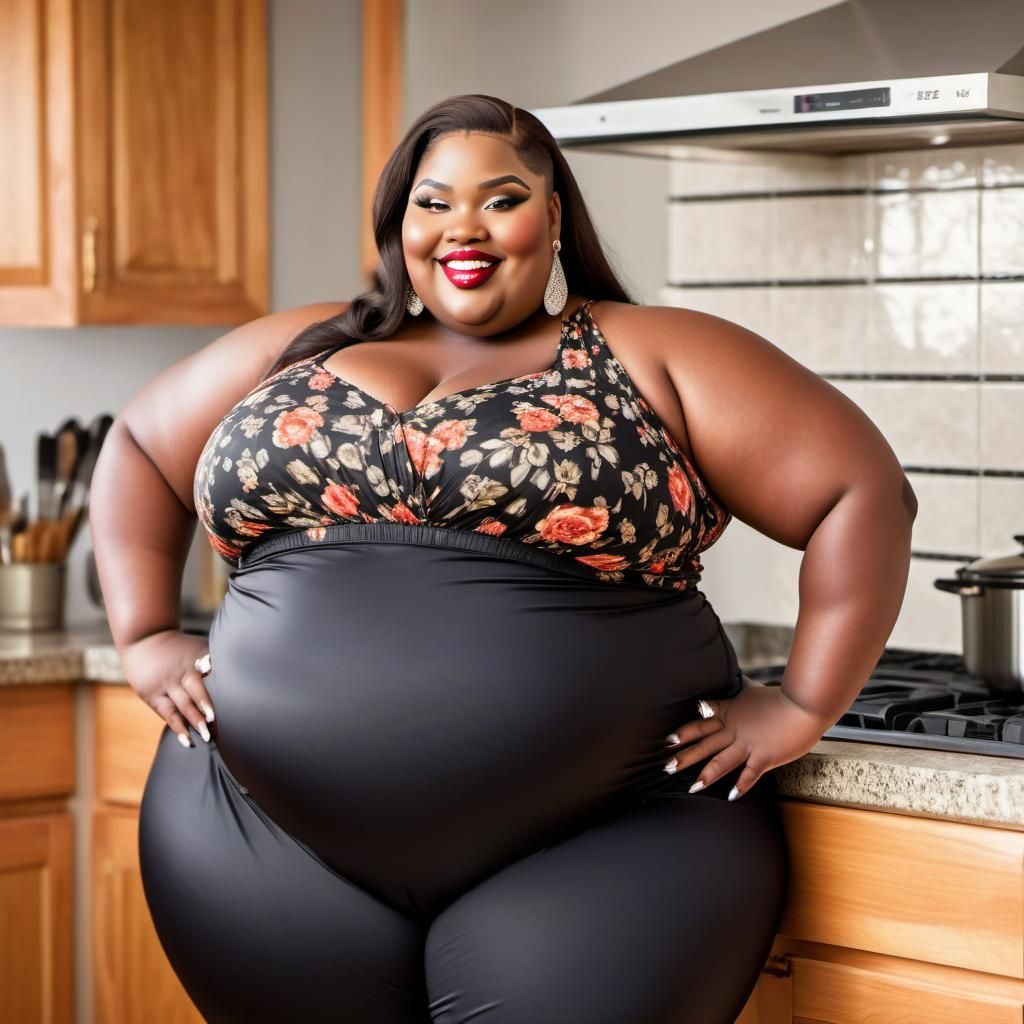 Beautiful Plus-Size Woman in Elaborate Kitchen
