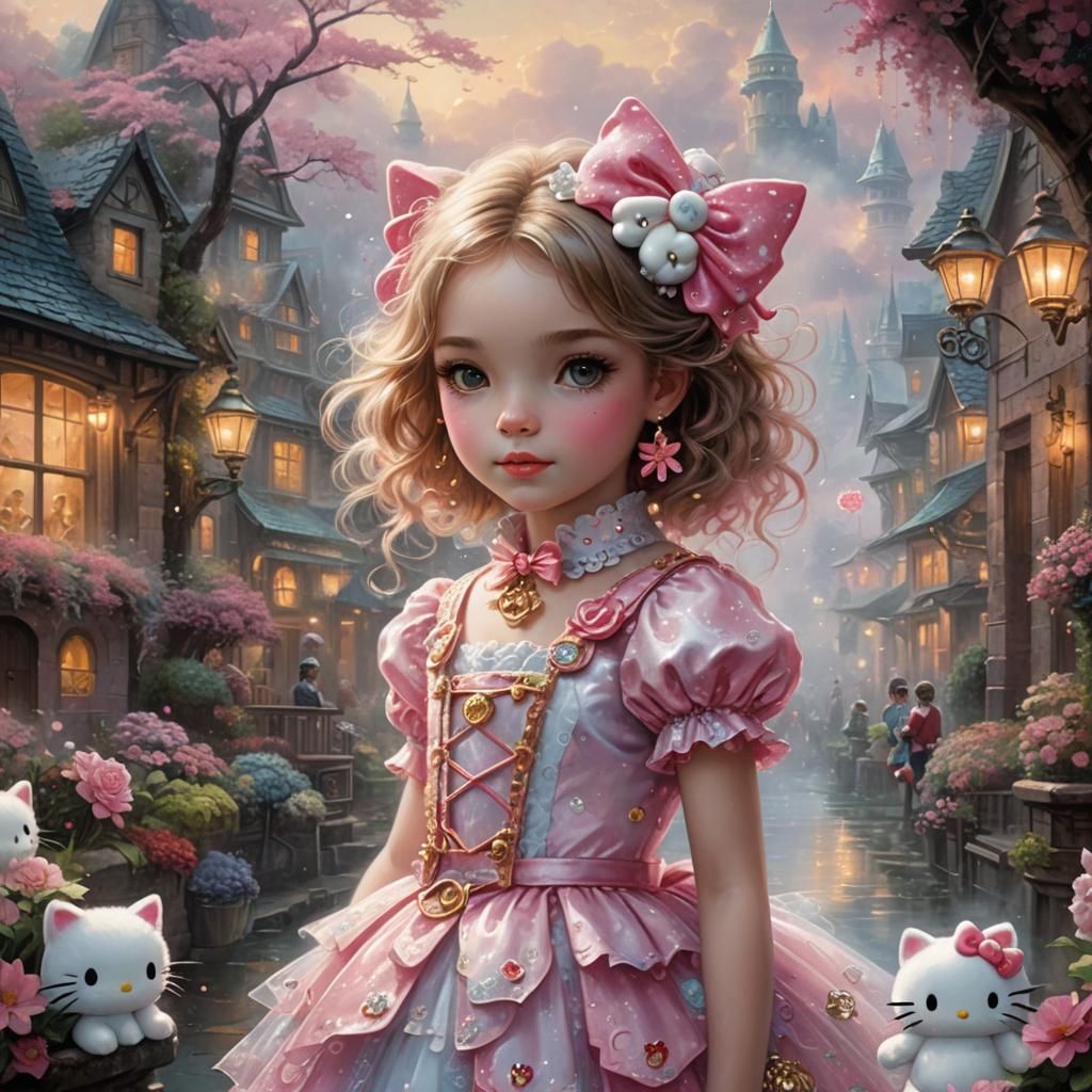 Girl in Hello Kitty Outfit in Ethereal Style