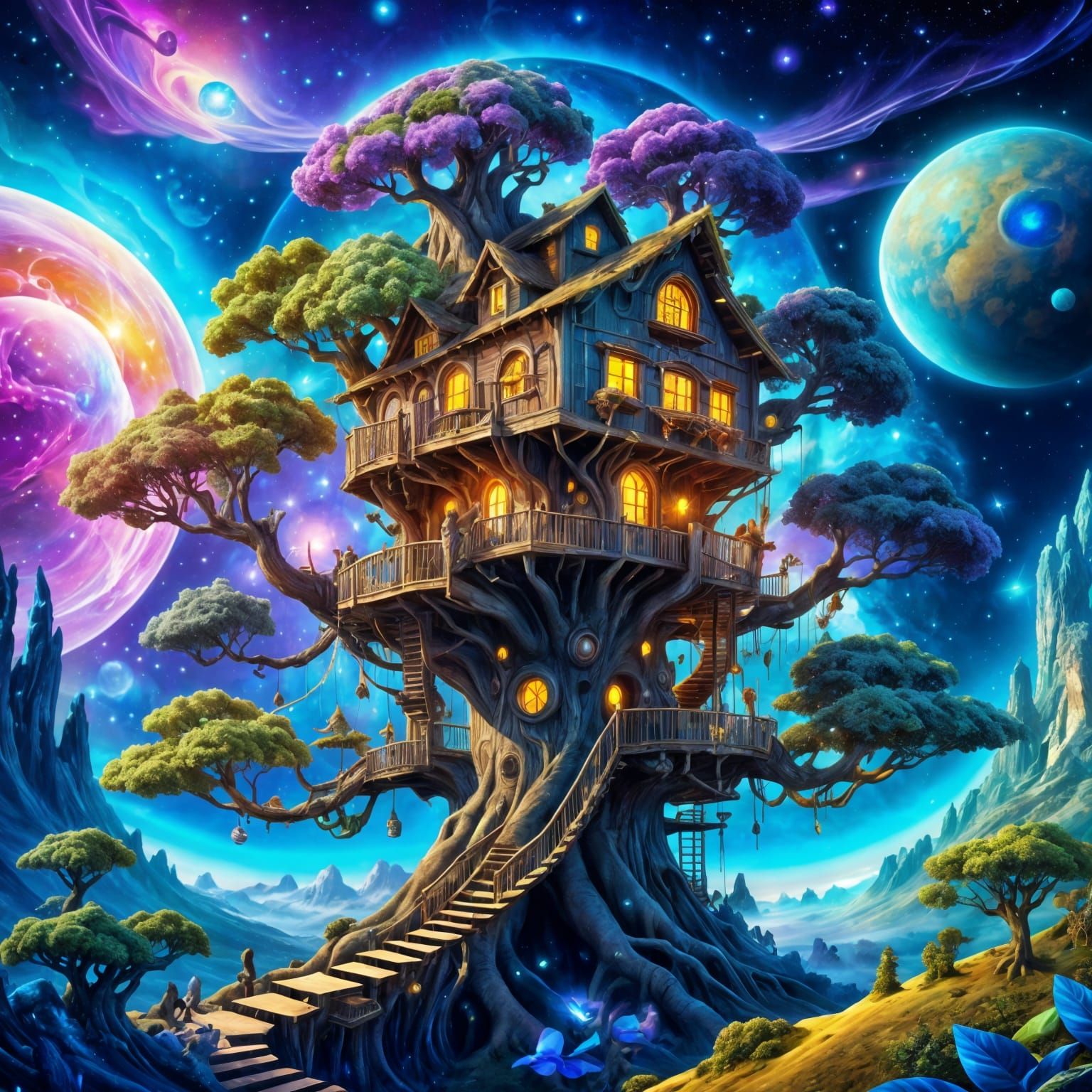 Surreal Treehouse in Cosmic Holographic Dreamscapes