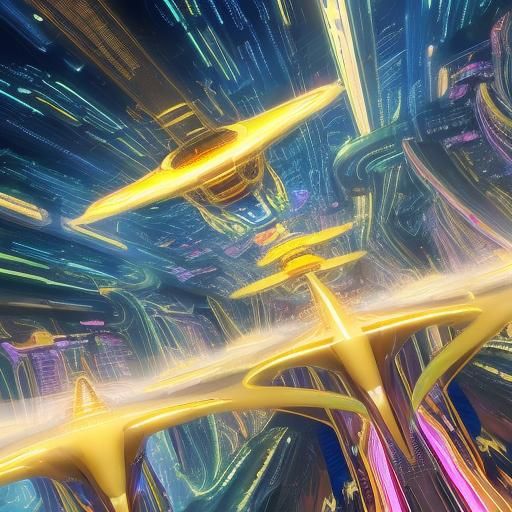 Heavenly Golden City with Hovercrafts in Retrofuturism Style