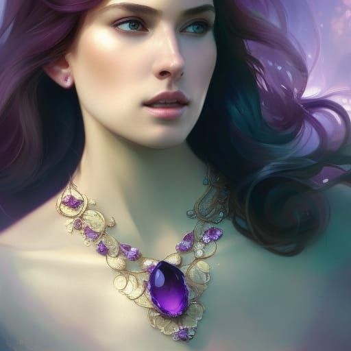 A very pretty lady with a purple gemstone necklace.