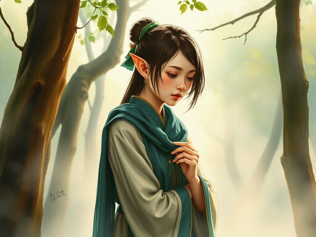 Misty Forest Elf in Watercolor Style