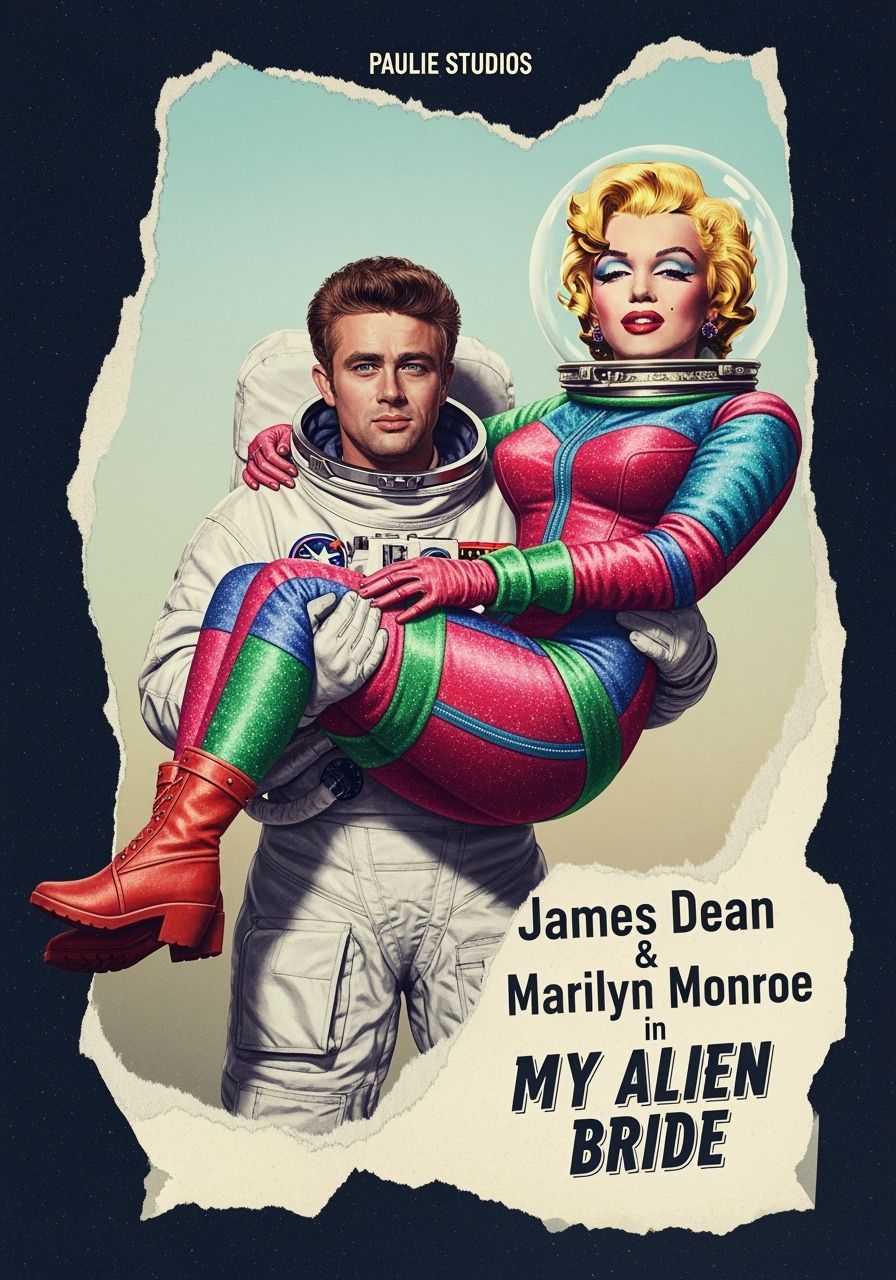 Retro Sci-Fi Movie Poster: Astronaut and Alien Bride