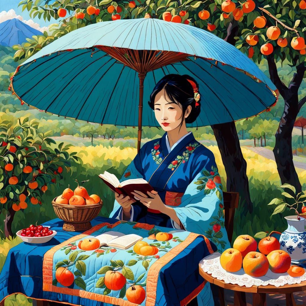 Japanese Fruit Stand Quilt With Girl Reading