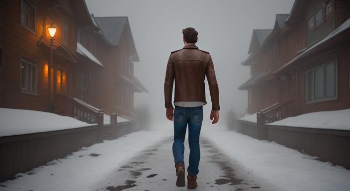 Man Walks Through Abandoned Town in Winter Fog