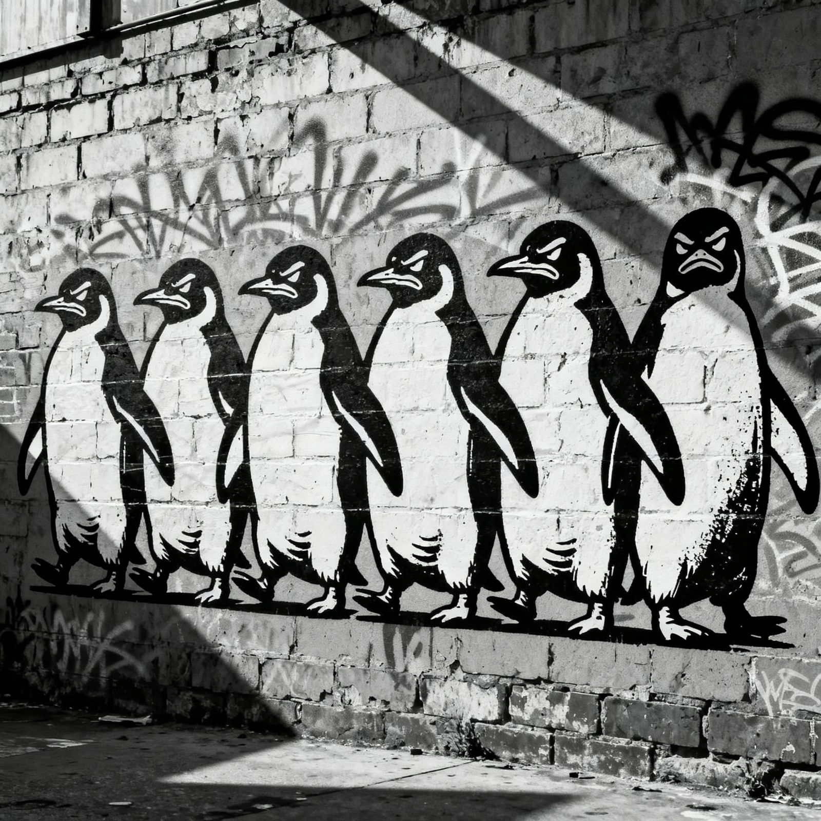 Banksy-Style Stencil Art: Constipated Penguins on Brick Wall