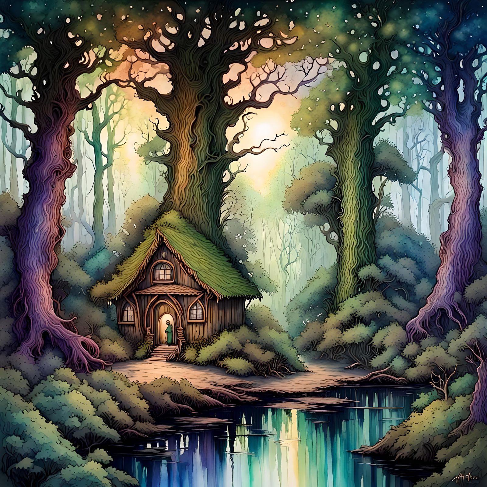 Iridescent, fantasy deep forest, dryad house, Alcohol ink, h...