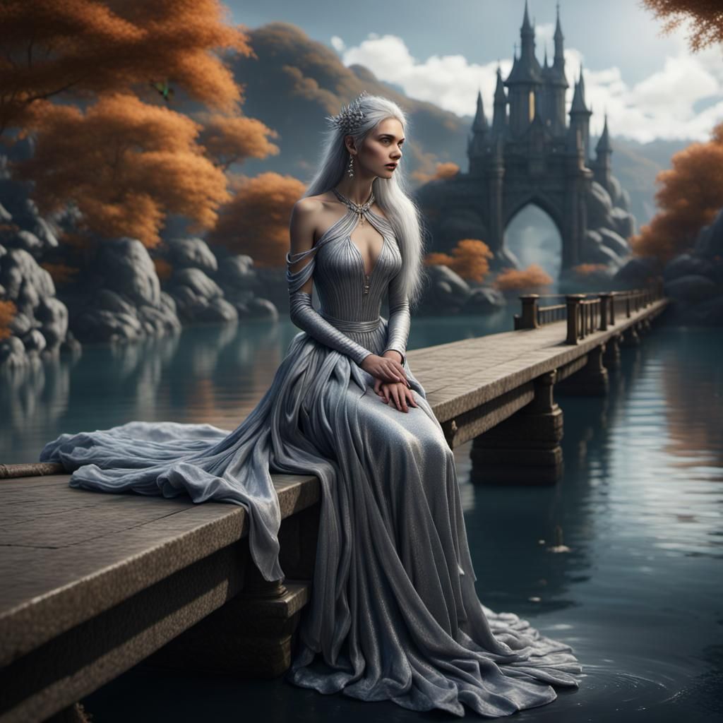 Silver Haired Woman on Bridge: Fantasy Art