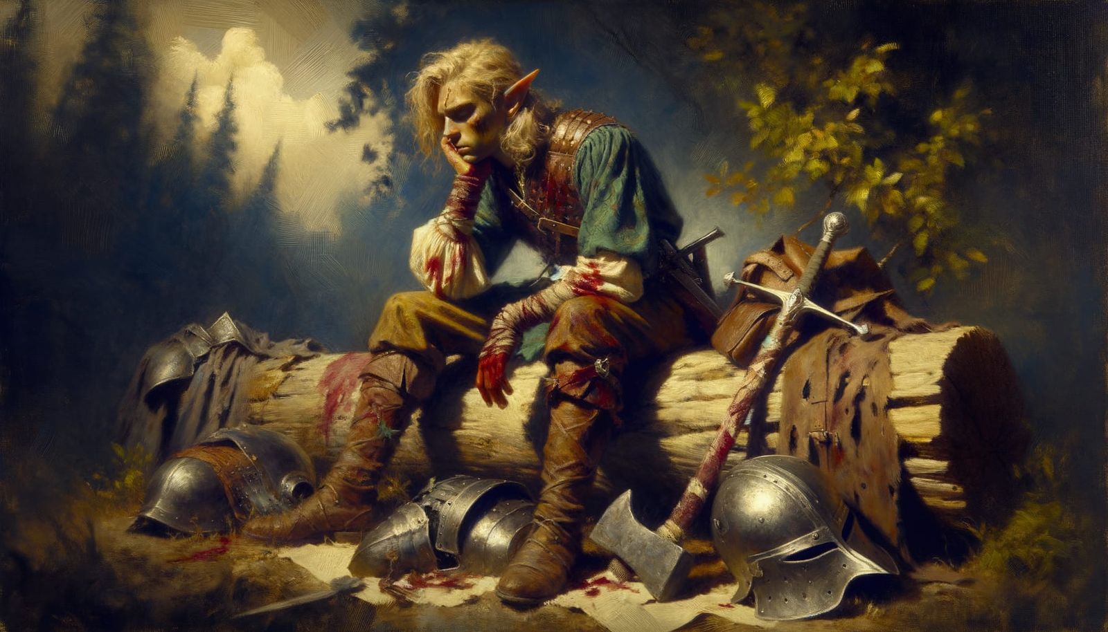 Weary Elf Warrior in Tenebrism Style