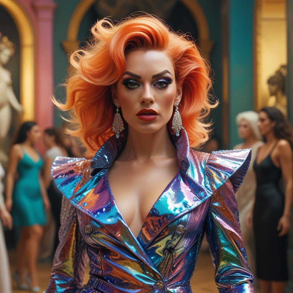 Confident Drag Queen in Vibrant Attire, Impressionistic Styl...