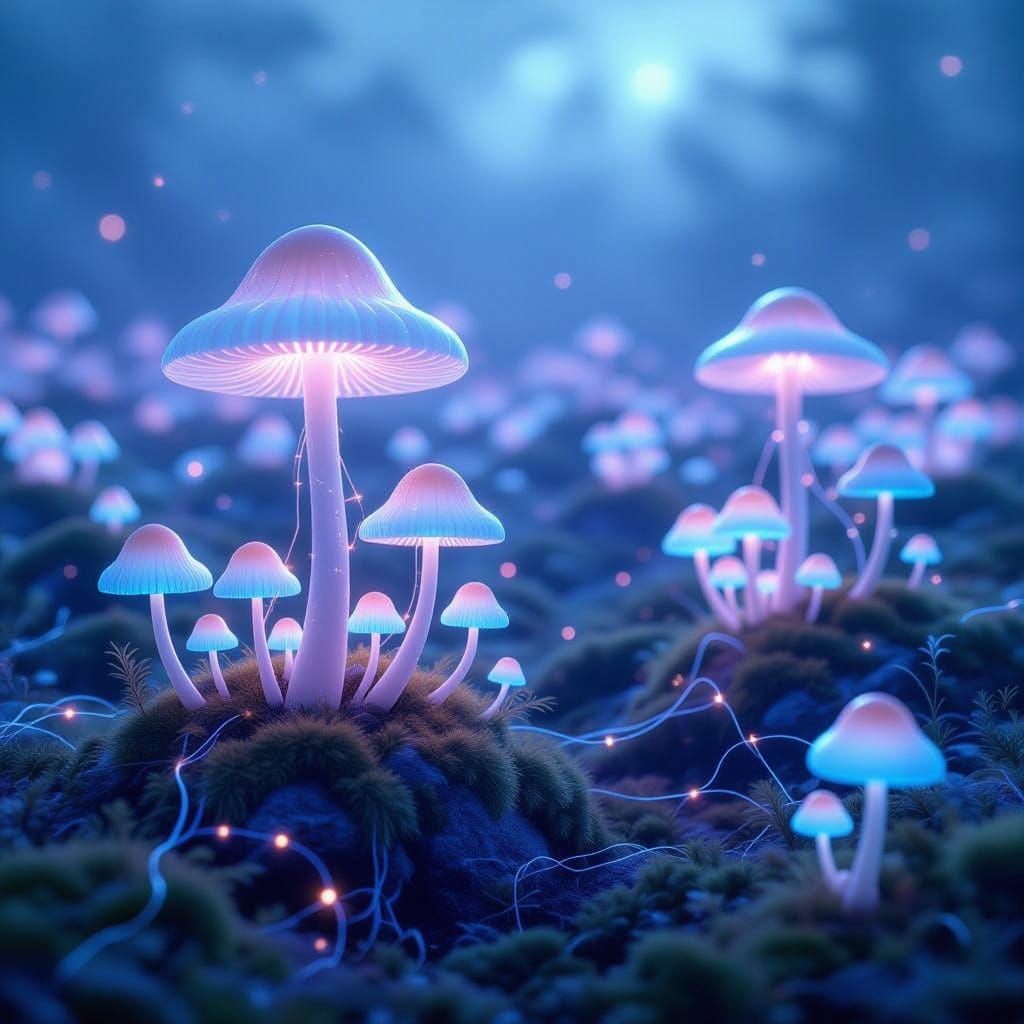 Surreal Bioluminescent Landscape with Interconnected Mushroo...