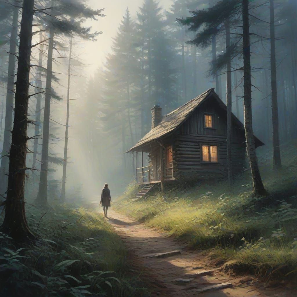 Misty Forest Cabin Path in Ethereal Fog