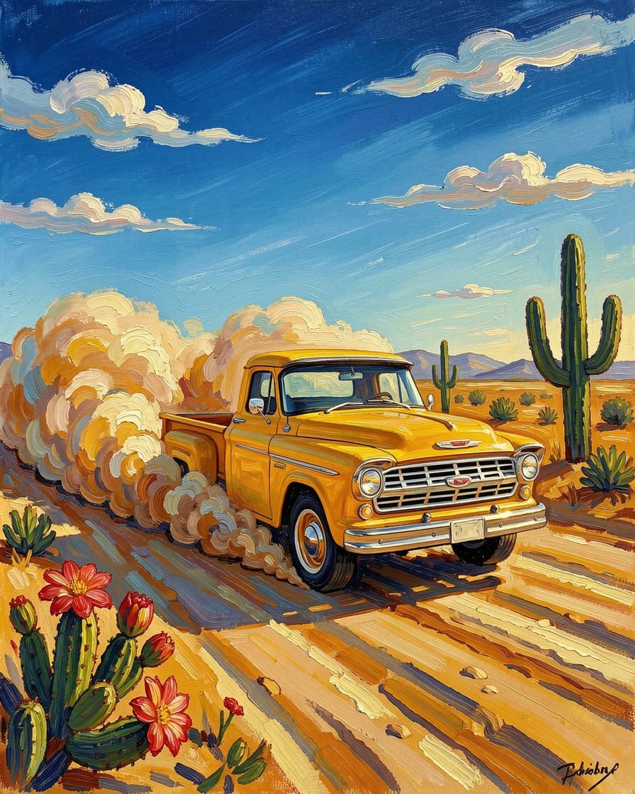 Yellow 1956 Ford Pickup on Desert Road
