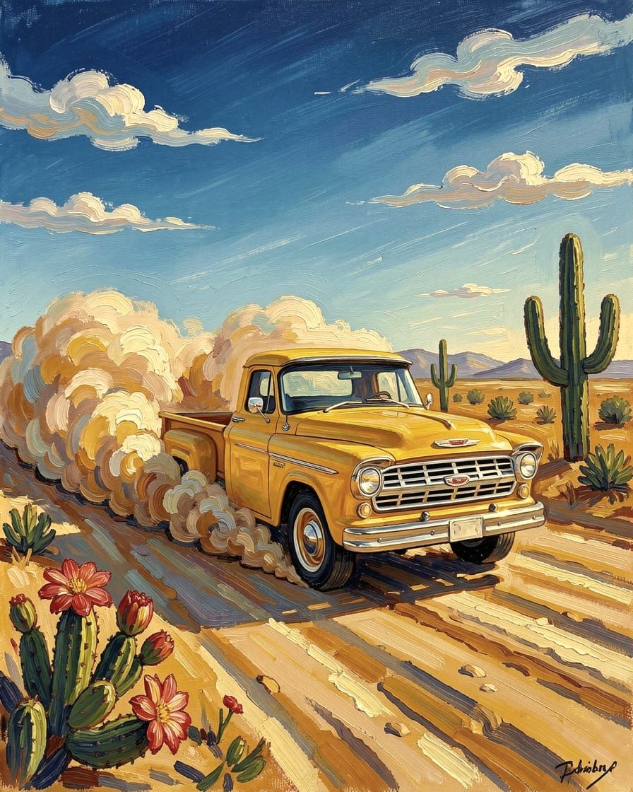 1956 Yellow Ford Pickup on Desert Road in Western Style