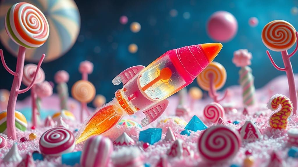 Jello Rocket Launches from Candy Planet in Digital Art