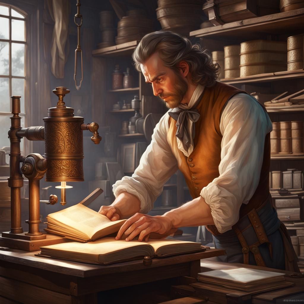 Colonial Bookbinder at Press: Detailed Concept Art
