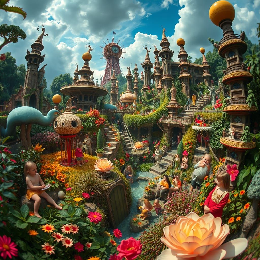 Lush Garden Dreamscape: Hyperrealistic Detailed Scene