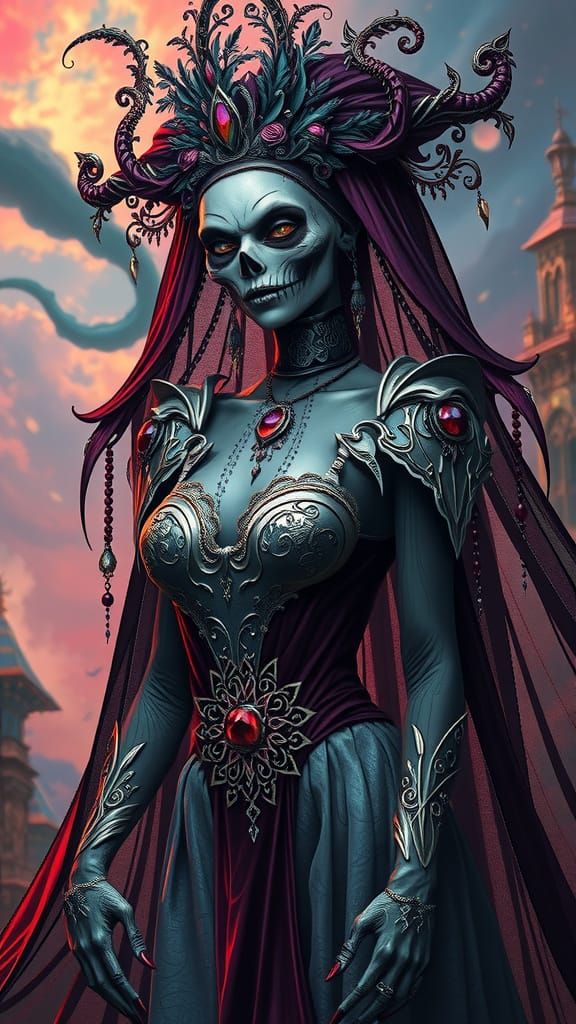 Elegant Ghoul Lady in Metallic Attire, High-Fantasy Art