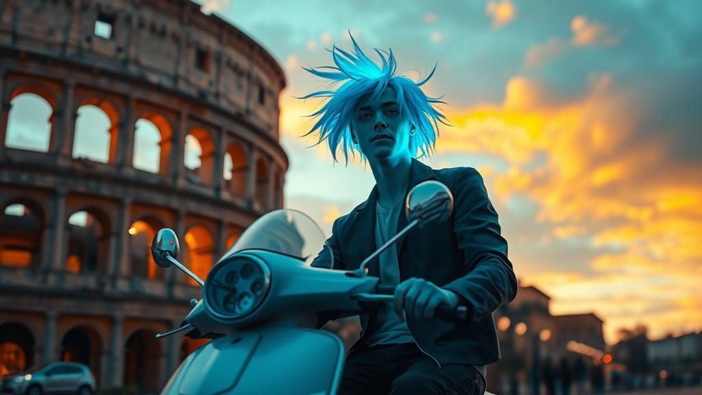 Neon Haired Rider near Rome Coliseum at Sunset