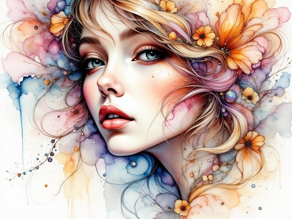 Ethereal Woman Portrait in Watercolor Alcohol Ink Style