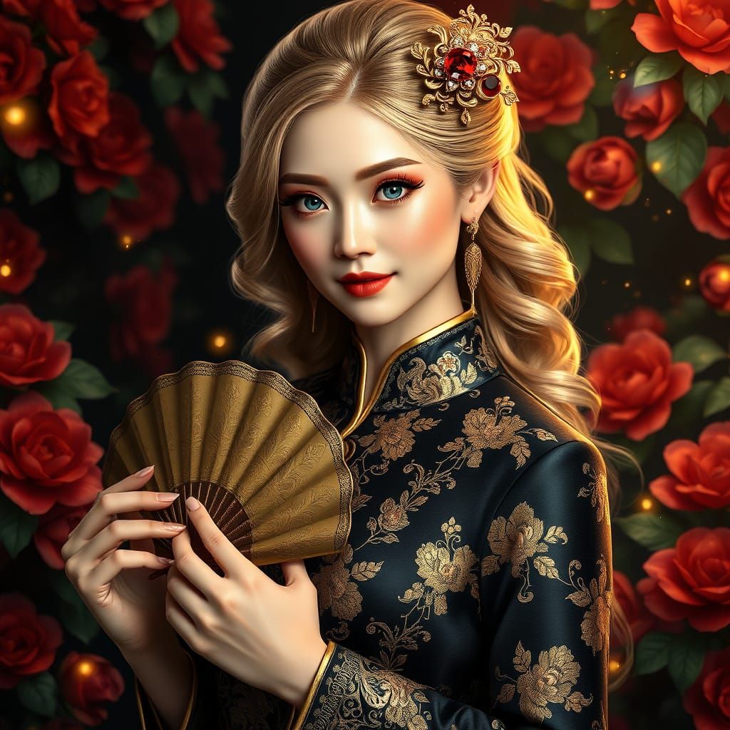 Majestic Anime Noblewoman in Lavish Cheongsam with Golden Ac...