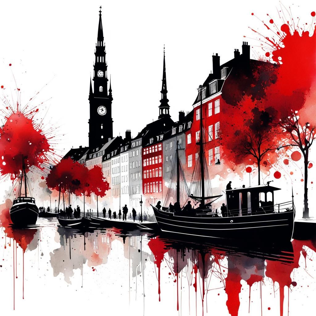Copenhagen Landmarks in Watercolor Splash Art