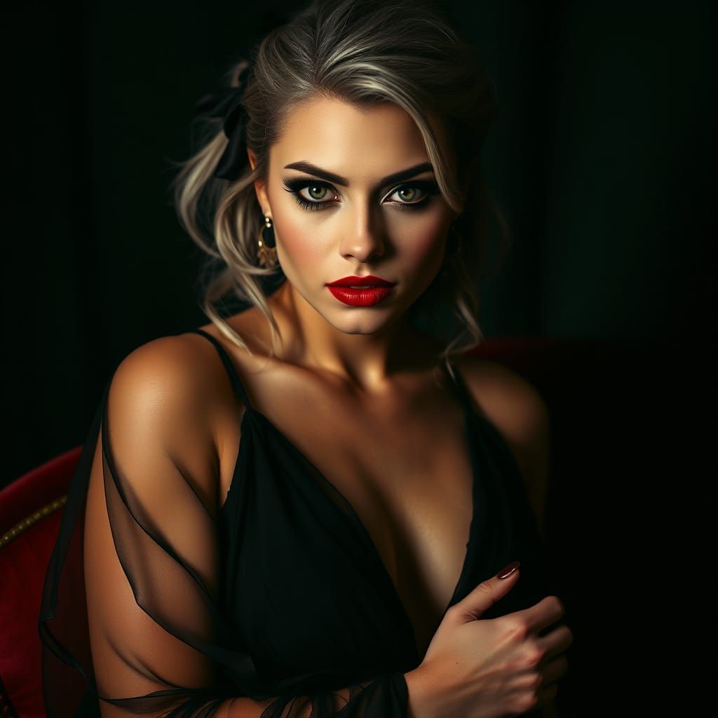 Seductress in Sheer Gown with Smoky Eyes