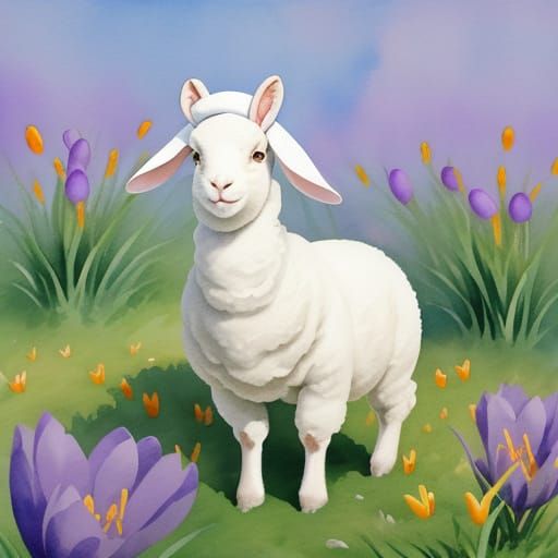 Easter lamb eating crocuses, whimsical illustrations, impasto, watercolor, Hayao Miyazaki, Anne Geddes