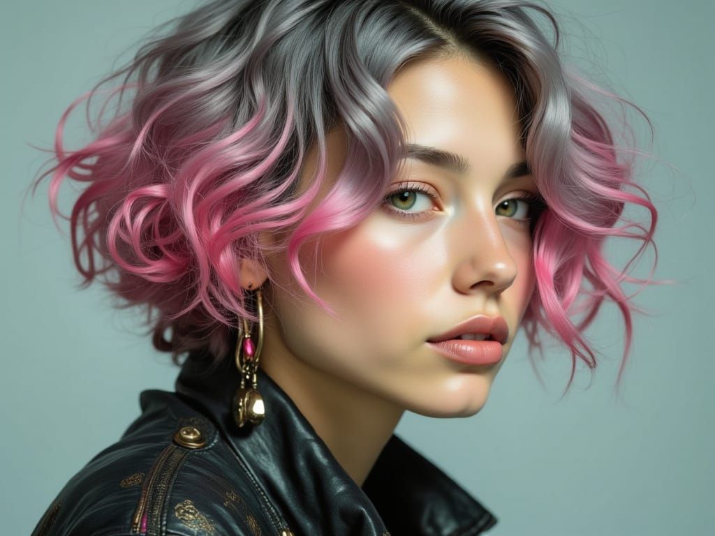 Punk Prayer with Asymmetric Hair and Neon Eyes