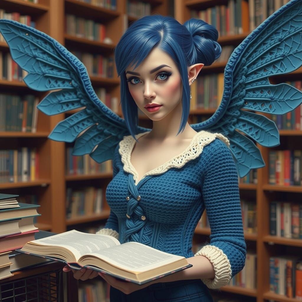 Surreal Pinup Elf in Crochet Punk Glamour, Standing in a Lib...