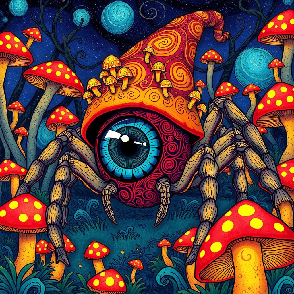 Psychedelic 3D Eyeball Spider in Whimsical Forest