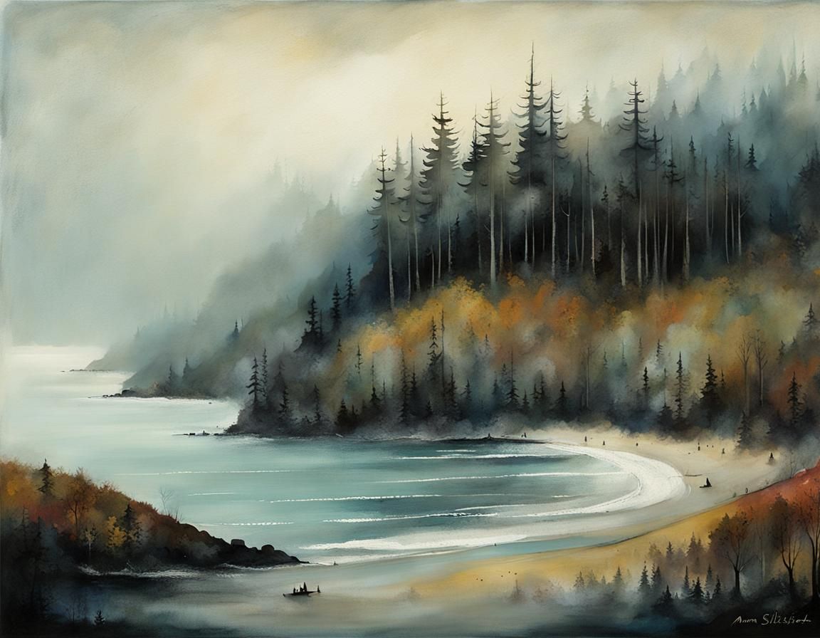 Magical Foggy Beach Illustration with Fir Trees