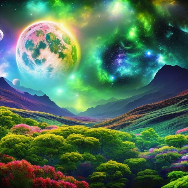 Lush Fantasy Garden Under a Starry Galaxy