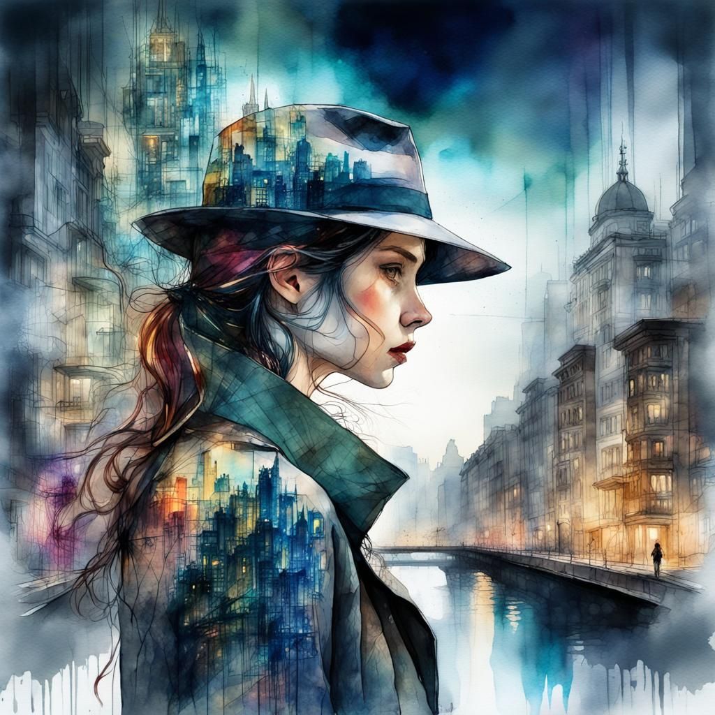 Detective Gazing at City: Watercolor Double Exposure