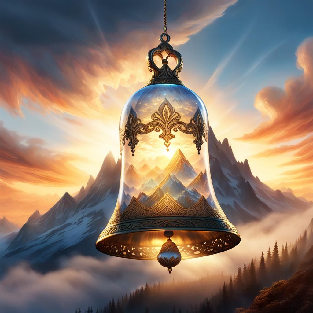 Crystal Bell Radiates Ethereal Light on Misty Mountain Peak