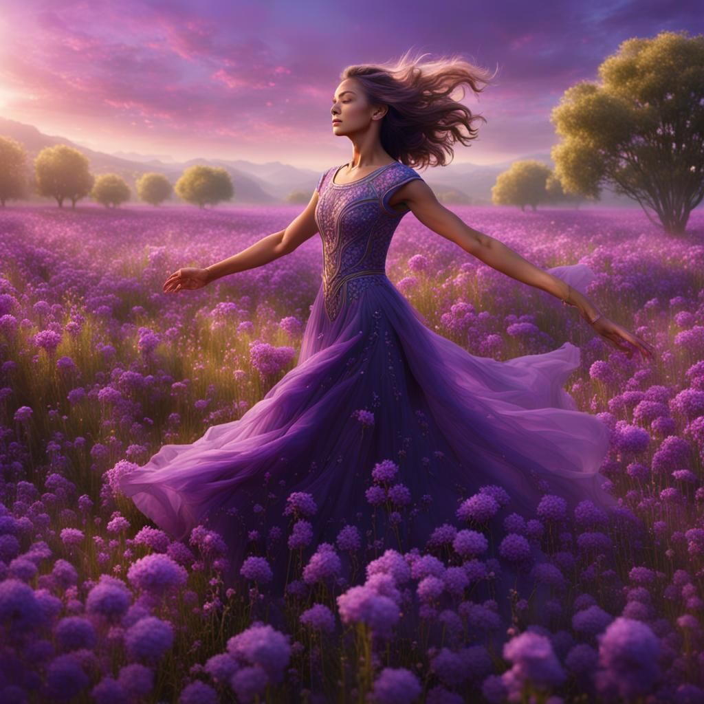 Woman Dancing in Purple Flowers, Fantasy Art