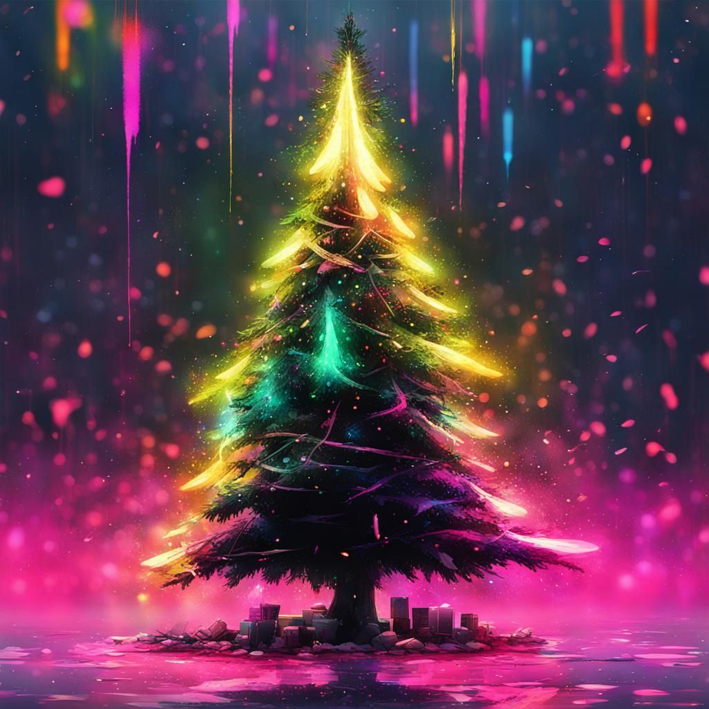 Cyberpunk Christmas Tree with Splashing Ink Art