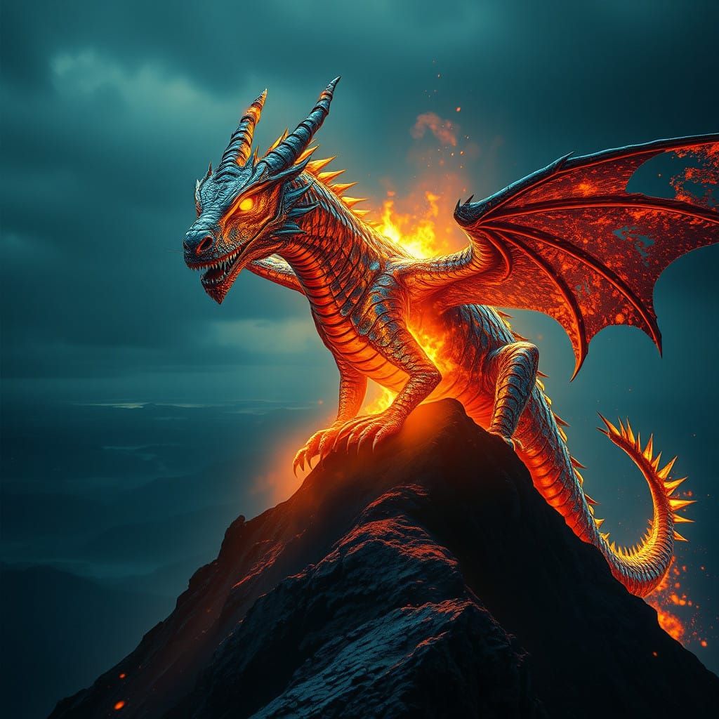 Dragon Unleashes Fiery Blaze on Mountain Peak