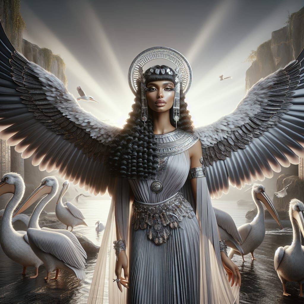 Ancient Goddess Henet with Feathered Wings in Egyptian Sunse...