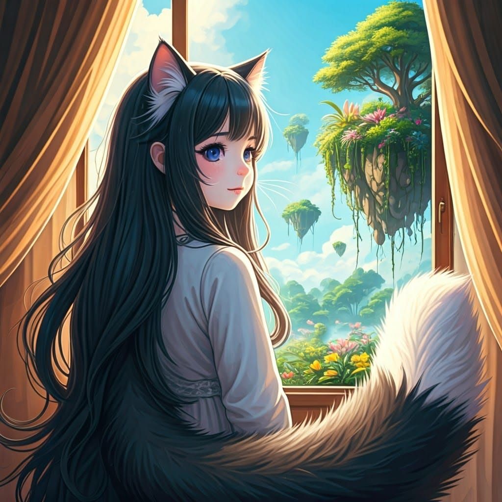 Delicate Catgirl in Whimsical, Dreamlike Landscape